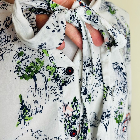 Anthropologie Maeve Swing Blouse SMALL Toile Novelty Tie Neck 3/4 Sleeve Button - Picture 4 of 12